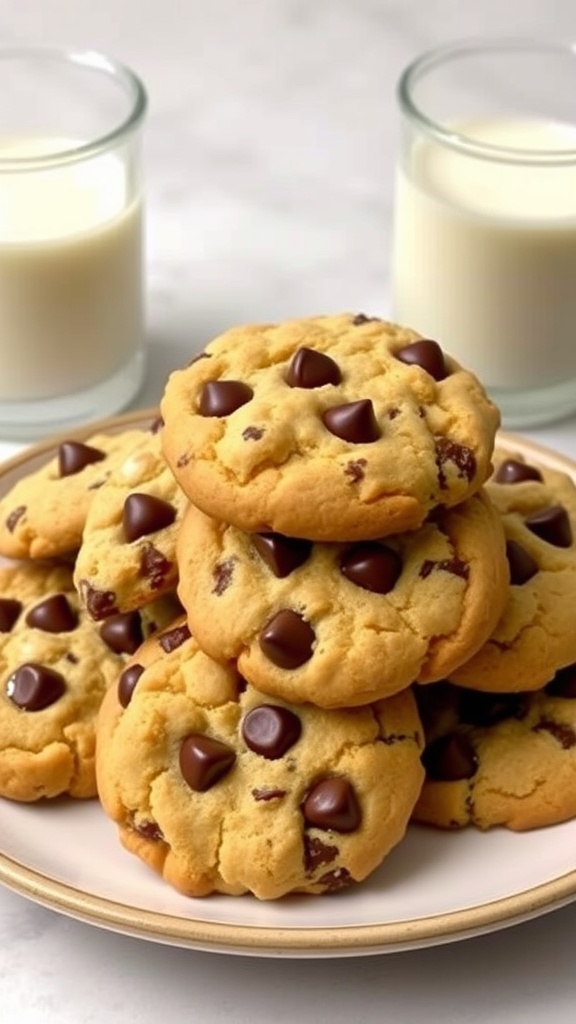 Decadent New Jeans Cookies Recipe A stack of New Jeans Cookies with chocolate chips on a white plate, accompanied by a glass of milk.